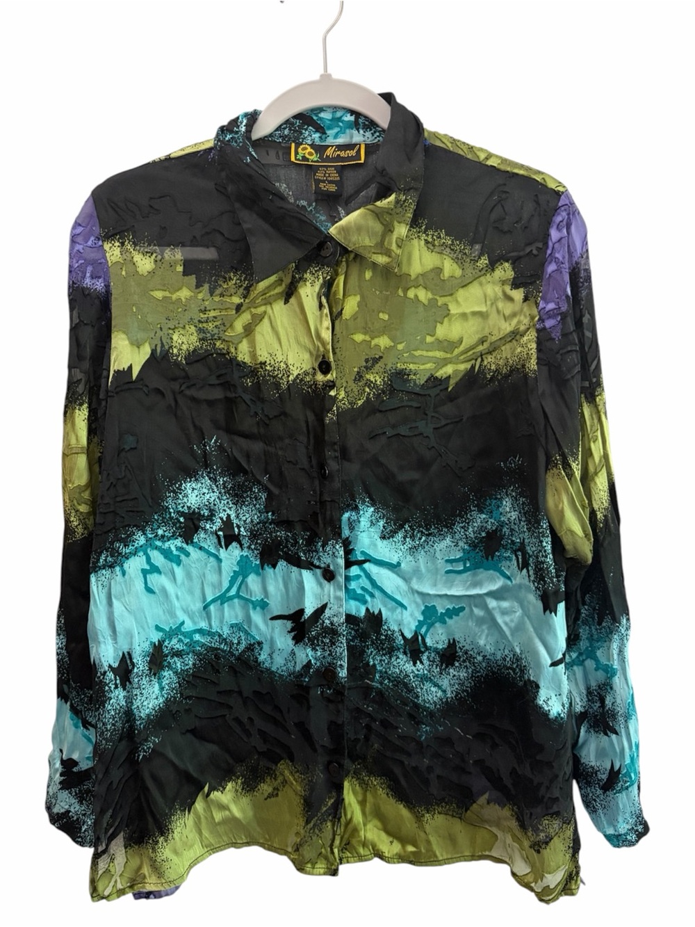 Mirasol Retro 80s Burnout Abstract 55% Silk Button-Down Shirt Size Large Artsy